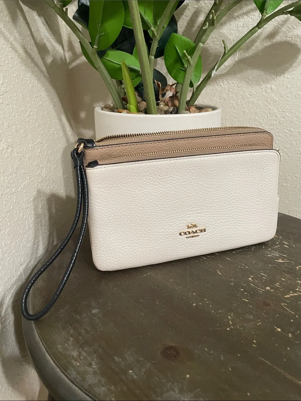 Coach Pebbled Leather Wristlet Clutch - White and Taupe Trim
